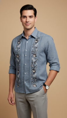 Guayabera de Caballero Azul con Bordado Floral