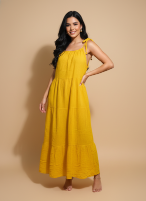 Vestido Maxi Amarillo con Tirantes Anudados y Volantes